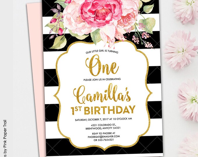 Pink Floral Glam, Black and White Stripes Gold Glitter and Floral Pink Printable First Birthday Girly Printable Invitation