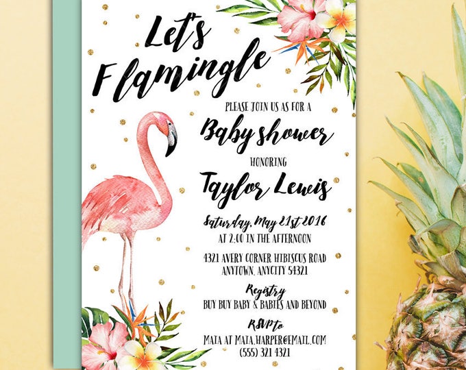 Let's Flamingle Pink Flamingo Baby Shower Invitation, Tropical Flamingo Hibiscus Floral It's a Girl Baby Shower Printable Invitation