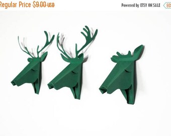 Set of 3 faux deer head, faux taxidermy , greeting card, green pool