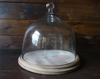 Vintage French heavy glass cloche dome cover lid with wooden base cheese food cake storage preservation display c1970-80's / English Shop