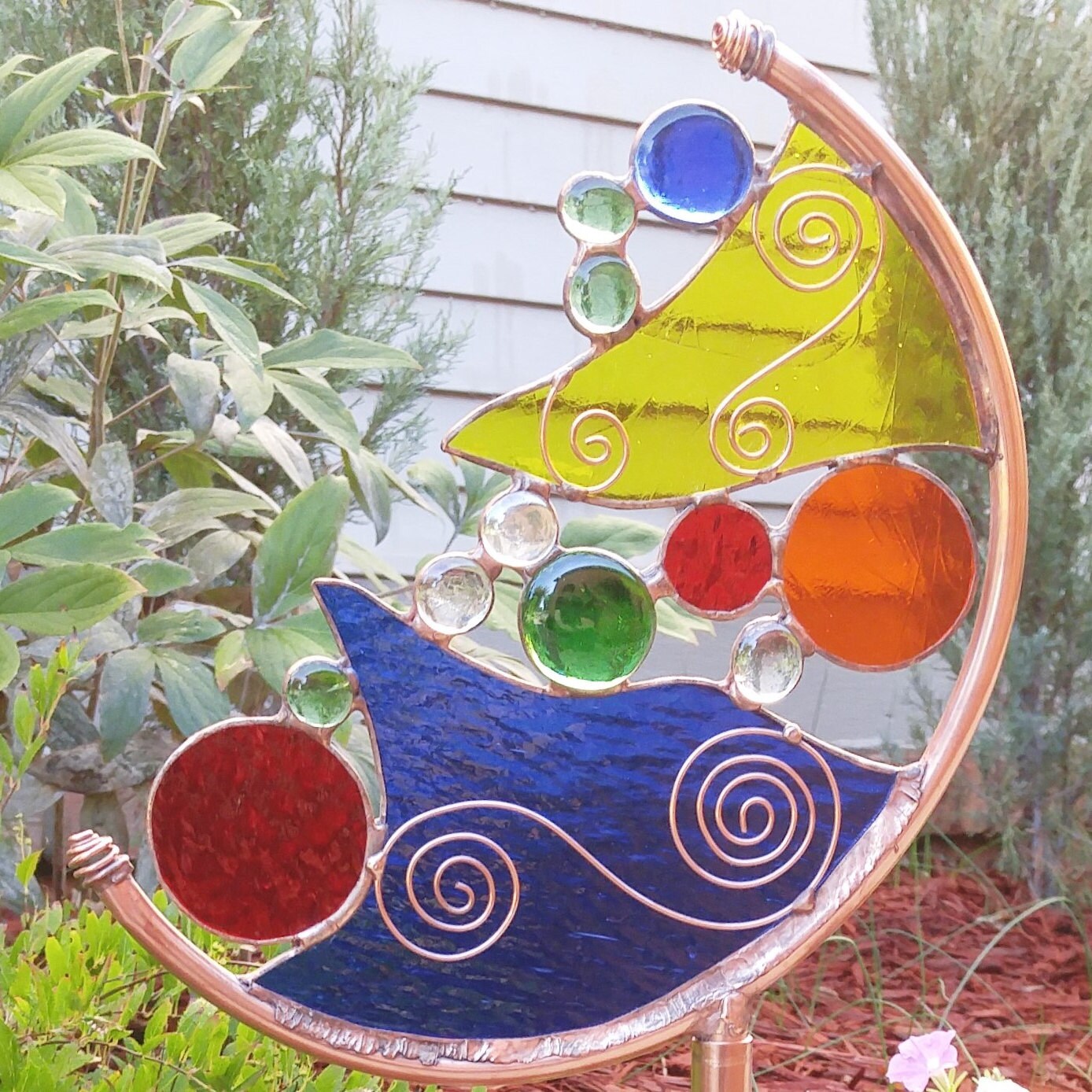 Stained Glass Garden Art Stake Primary Colors Orange Outdoor