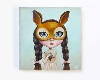 The birds sister, pop surrealism original oil painting, big eyed, queer art fairy tale, ooak blythe, girl portrait, turquoise painting