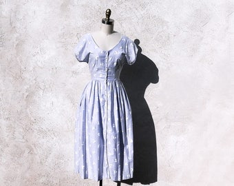 Summer Cotton Frock, Lavender Print Dress, Button Front 80s