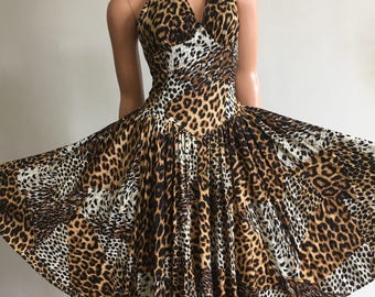 Bettie Page Leopard Dress Cheetah Halter Dress Backless Halter Dress Rockabilly Dress Dress Animal Print Halter Dress Bettie Page Dress Sml