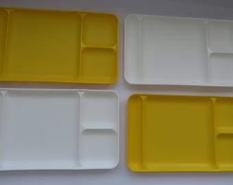 Tupperware Divided Picnic Cafeteria Trays - Set of 4 - Bright Yellow Pure White - Stackable Molded Plates Dishes - BBQ Camping RVing