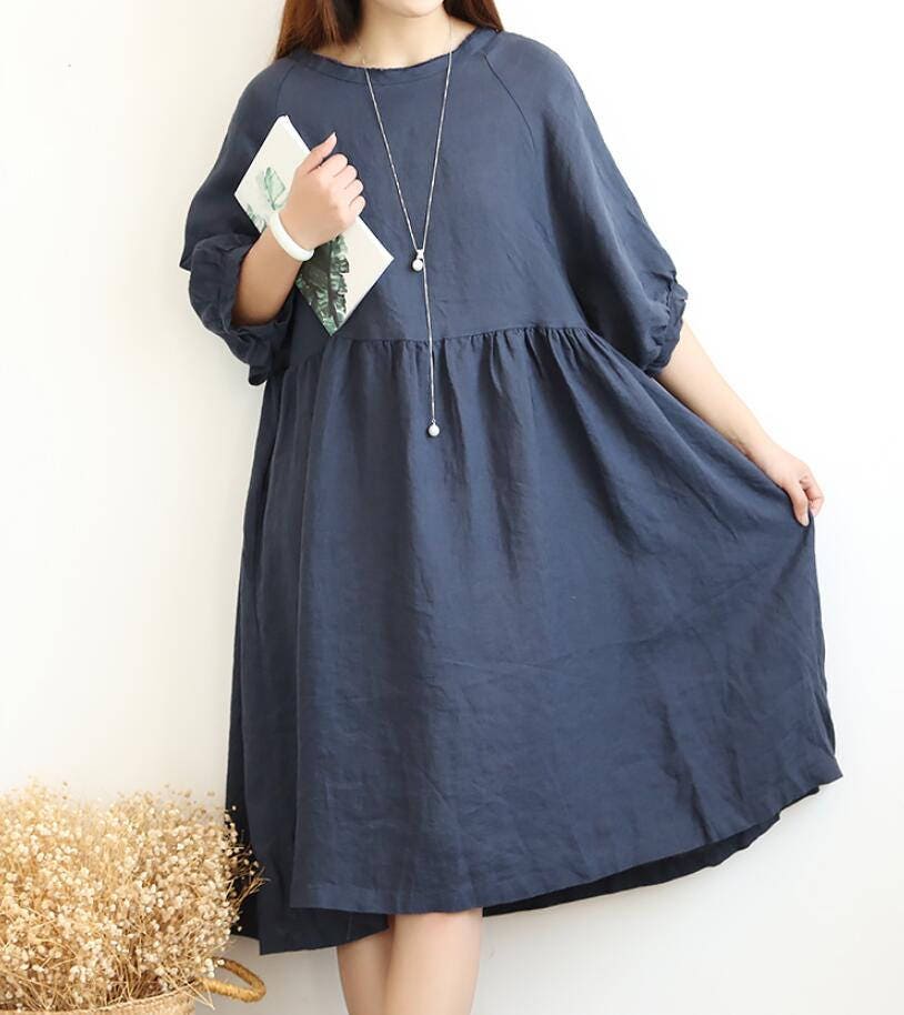 Loose bat sleeves dress round collar loose Blue dress red