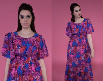 Vintage 1960s Purple Floral Empire Bust Maxi Dress | small