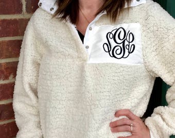 Monogram Sherpa Pullover Jacket, Monogram Sherpa Fleece Pullover, Monogram Fur Pullover, Sherpa Fleece Pullover