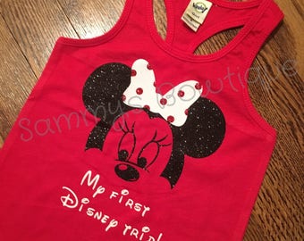 My first Disney trip girls tank! Disney tank, disney family shirts, glitter, minnie mouse tank.