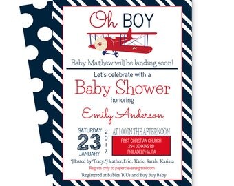 Airplane Baby Shower Invitation Classic - Boys - Landing Soon Sprinkle - Navy Stripe Invites - Printable - Customized Template (AIRPLBSI)