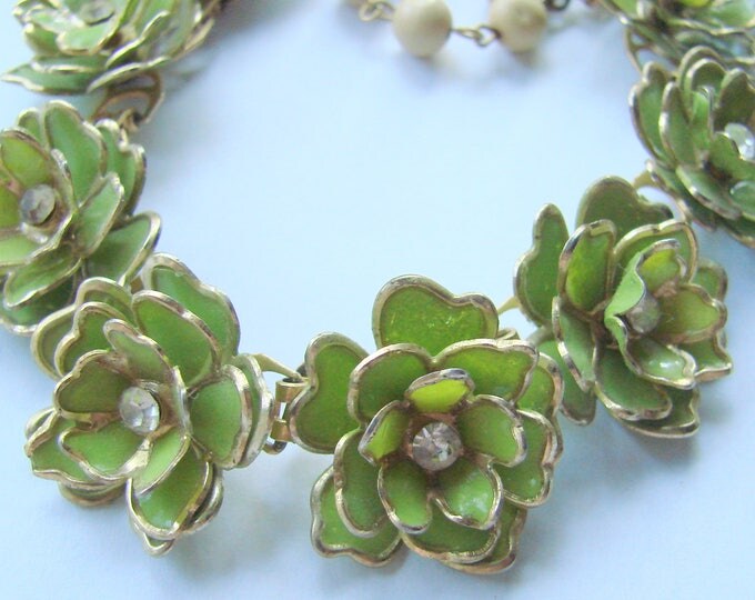 Mid Century Green Enamel Rhinestone Floral Choker Necklace / Gold Accents / 1950s Vintage Jewelry / Jewellery