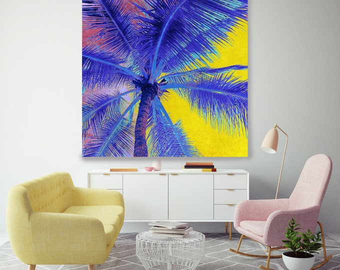 Palm Tree Sunset. Palm Trees, Blue Purple Yellow Palm Tree Canvas Art Print up to 48", Tropical Canvas Print by Irena Orlov