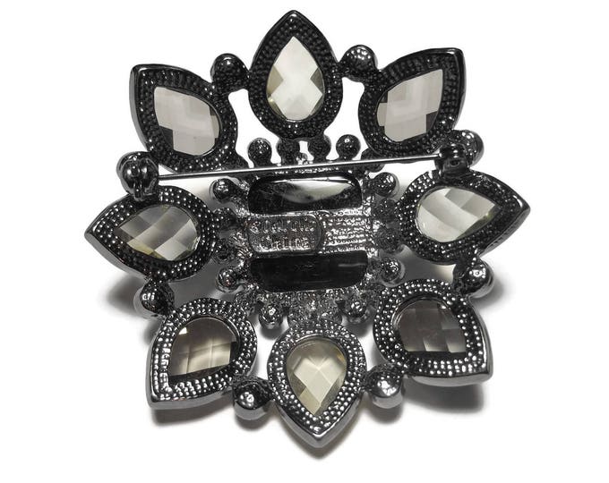 FREE SHIPPING Louis Dell'Olio brooch, gunmetal floral brooch, grey and black rhinestones, pear shape leaves and square center, resin