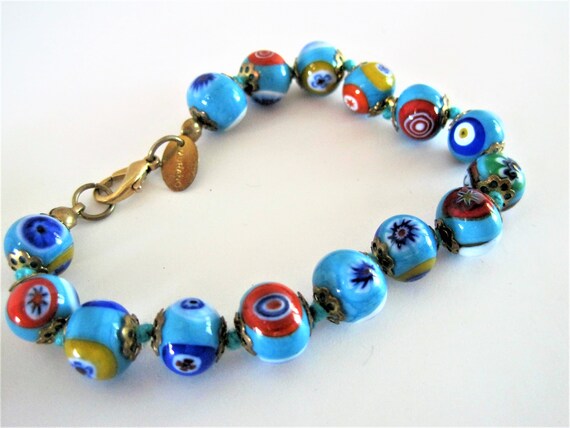 Murano Millefiori Bracelet - Italian Glass Beads - Signed Murano Hang Tag