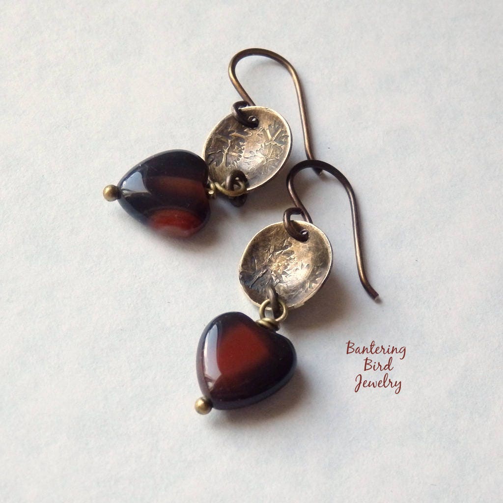 Small Agate Heart Earrings with Rustic Oxidized Golden Brass