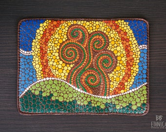 Dot painted leather passport cover with tree and sun, gift idea for traveler, beautiful passport case fantasy style