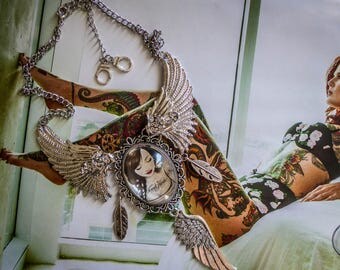 Mexican Sugar Skulls calavera MC Ink ♰Tattooed♰ Bohemian gypsy cameo silver bib necklace