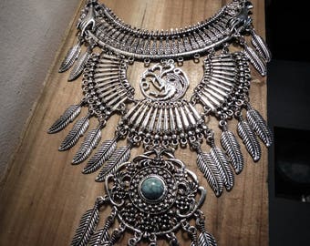 Necklace silver feather bib steampunk dragon Game of Thrones ♰Targaryen♰ maxi