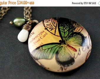 BACK to SCHOOL SALE Green Butterfly Locket Necklace. Butterfly Necklace with White Coral Teardrop and Green Fresh Water Pearl. Handmade Jewe