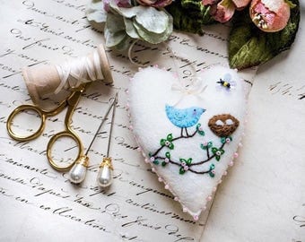 Hand Embroidered Bird & Nest Heart Decoration