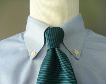 Vintage Brooks Brothers MAKERS All Silk Navy Blue & Teal Horizontal Striped Trad / Ivy League Neck Tie. Made in USA.