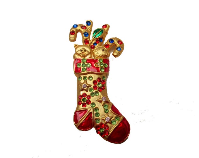 Christmas Stocking Brooch - gold Red enamel - rhinestone Holiday pin