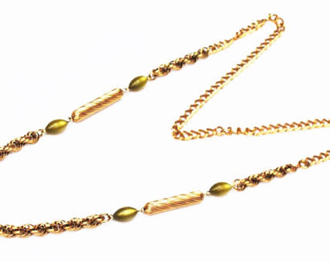 Twisted gold chain necklace - Green Moon glow glass beads - mid century Mod