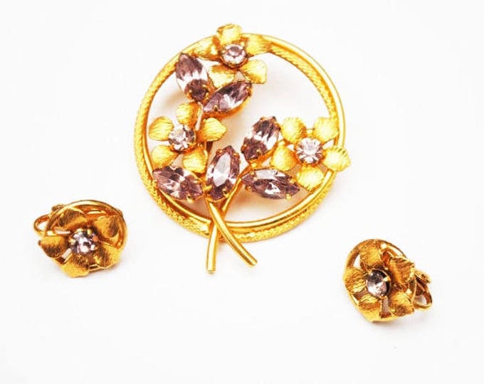 Purple Flower brooch and earring set - Lavender rhinestone - gold plated floral with clip on earrings-gift for her