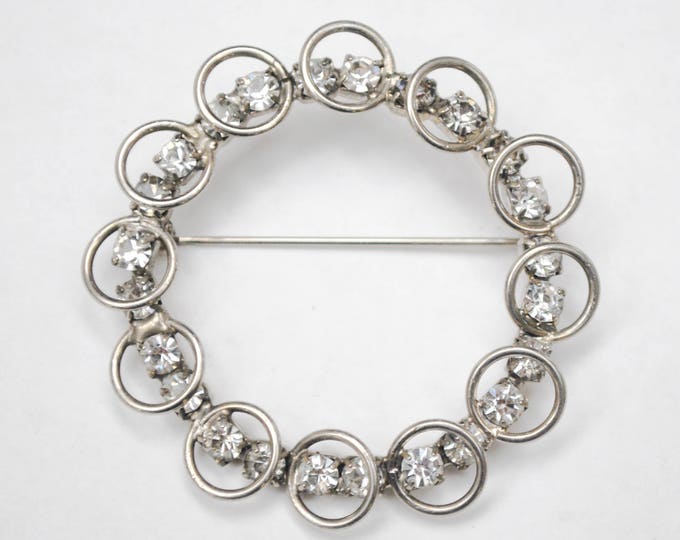 Rhinestone wreath brooch- round Silver - mid century pin