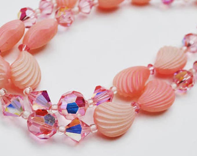 Double Strand Pink Bead Necklace - Crystal glass - Vintage plastic Shell -Rhinestone - Mid century