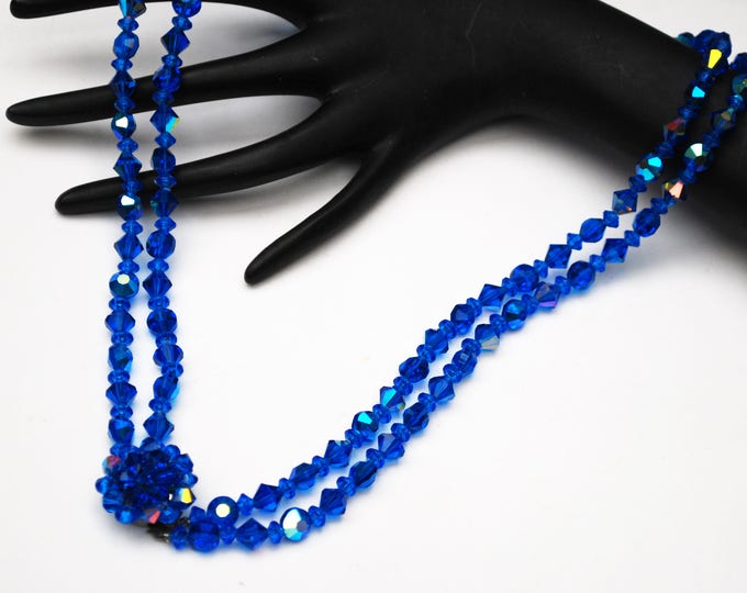 Blue Crystal bead Necklace - double strand - cut crystal glass beads - Cluster bead clasp - 23 inches long