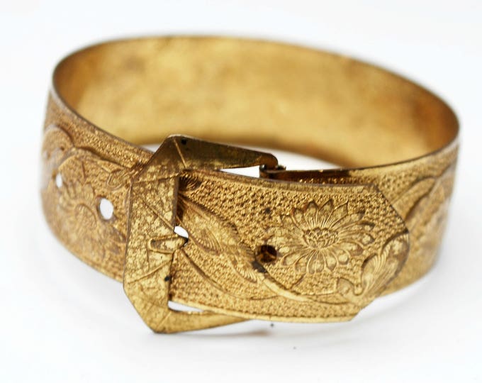 Gold Gilt Belt Buckle Bracelet - Victorian Revival - flower repousse - bangle Bracelet -