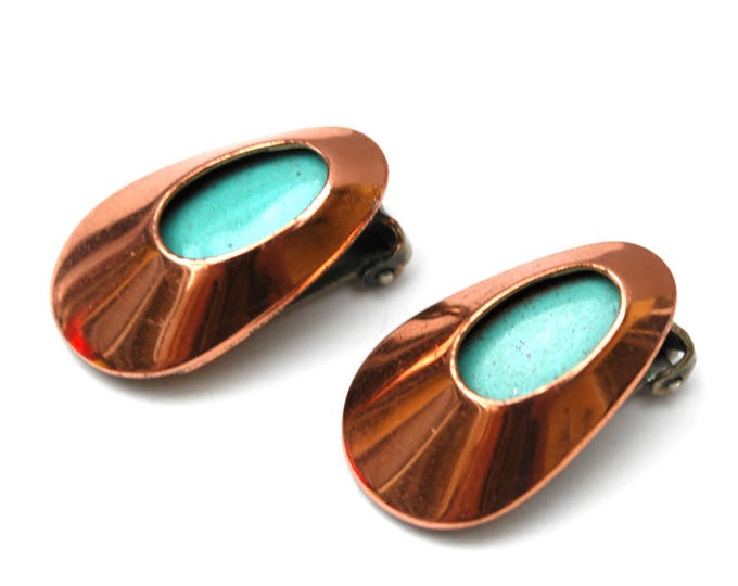 Copper Leaf Earrings - Blue Enamel and Copper Leaf - Signed Matisse -Mid Century - modern coned