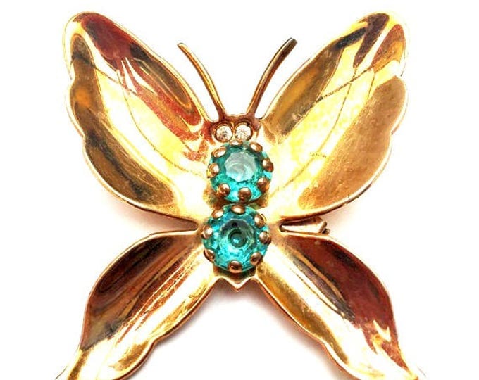 Butterfly Brooch - Blue Rhinestone - Gold plated metal - Insect figurine pin