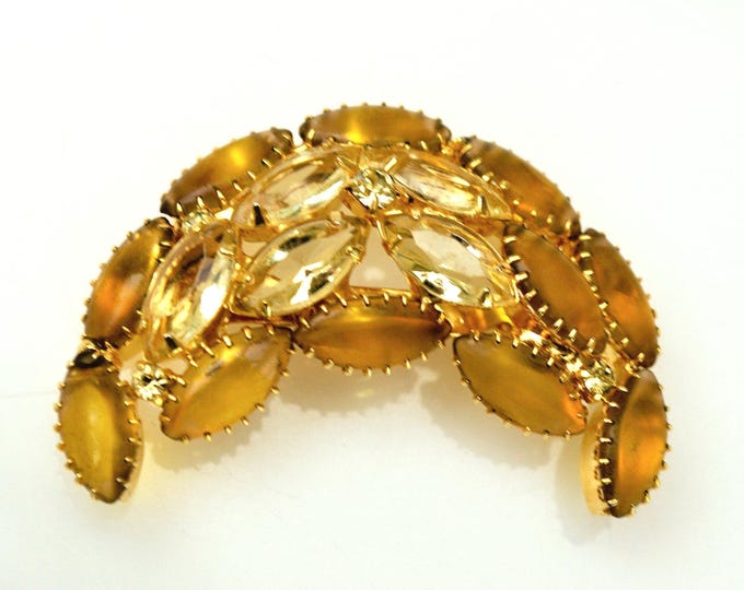 Crescent Rhinestone Brooch - Amber Yellow Glass Cabochon - open back gold - C shape pin