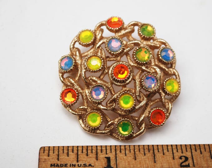 Sarah Cov Rhinestone brooch - moon Lite - orange yellow green crystal - gold - Floral pin -