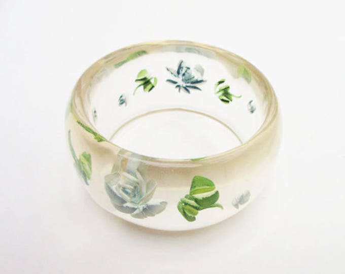 Clear Lucite Bangle with embedded carved blue green flower Bracelet