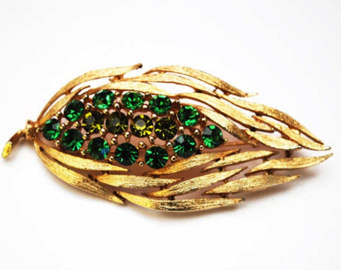 green Rhinestone Brooch - Signed Lisner - gold tone Flower leaf - Mid Century pin