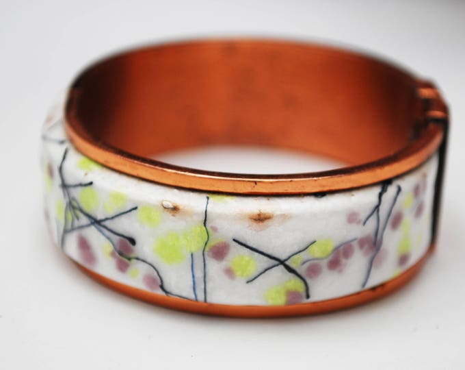 Matisse Renoir Enamel Copper Bangle - Hinged BRacelet - White enameling - purple green black - Mid century Mod