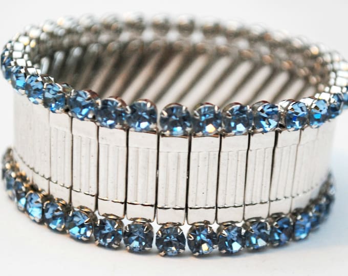 Blue rhinestone Expansion Bracelet - Signed Harwood - Silver metal expandable - Light blue crystal - Stretch Bangle
