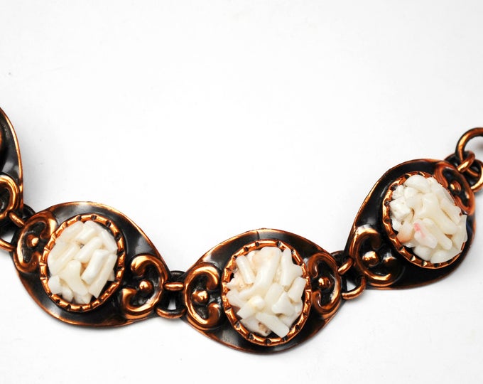 Copper White Coral Link Bracelet - White coral shell chips - copper oval panel link bange