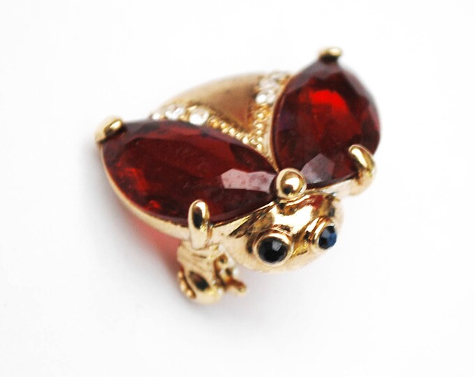 Monet Rhinestone Bug Brooch - Red crystal - Gold plated - Mid Century - small Bee Scatter PIn