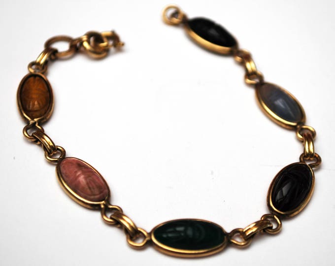 Gemstone Link Scarab Bracelet -12 kt gold Filled - signed Sojar - Egyptian Revival - Beetle - tiger eye -agate -onyx -Jasper