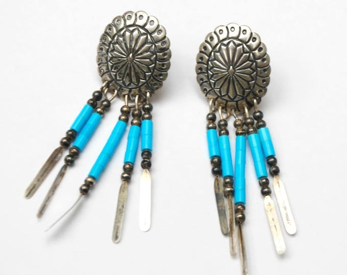 Sterling Concha Dangle earrings - Signed Sterling - dangle turquoise bead - southwestern - tribal Etched silver pierced earring