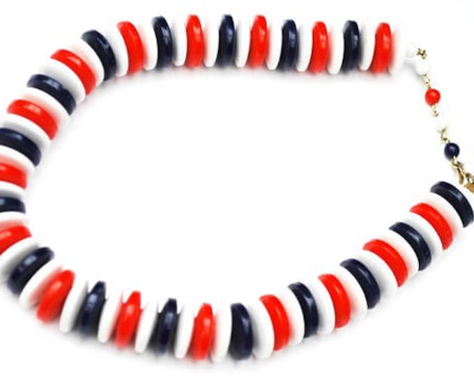 Red White Blue bead Necklace - Signed Hong Kong - Red White Blue Lucite disc Beads - Patriotic - Mid Century necklace