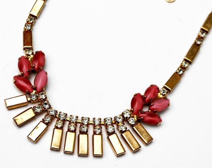 Rhinestone gold necklace - mid century - collar choker Bib - Pink glass moonstone