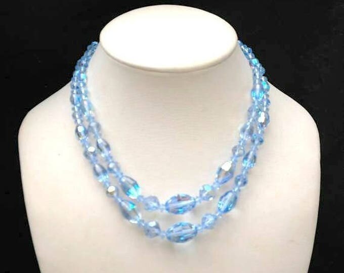 Graduated Bead Necklace - Light Blue facet cut crystal - Glass Beads - Rhinestone clasp