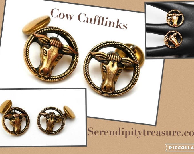 Gold Cow Cuff links -Brass golden - Bull cow head - Vintage cufflinks