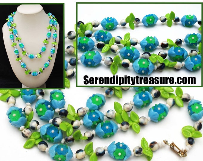 Vintage Green Blue flower necklace - Lucite plastic beads - signed Empire - long opera length necklace 50 inches