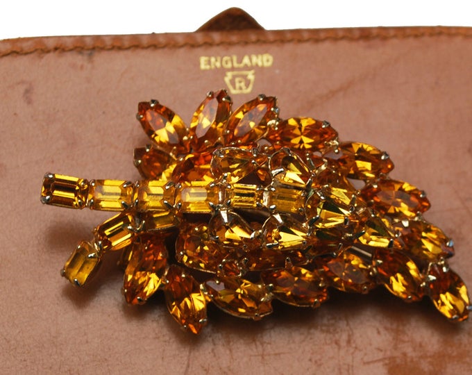 Rhinestone Brooch - signed Kramer of New York - Orange Crystal - leaf floral flower -gold plated metal - Mid Century - Large Pin